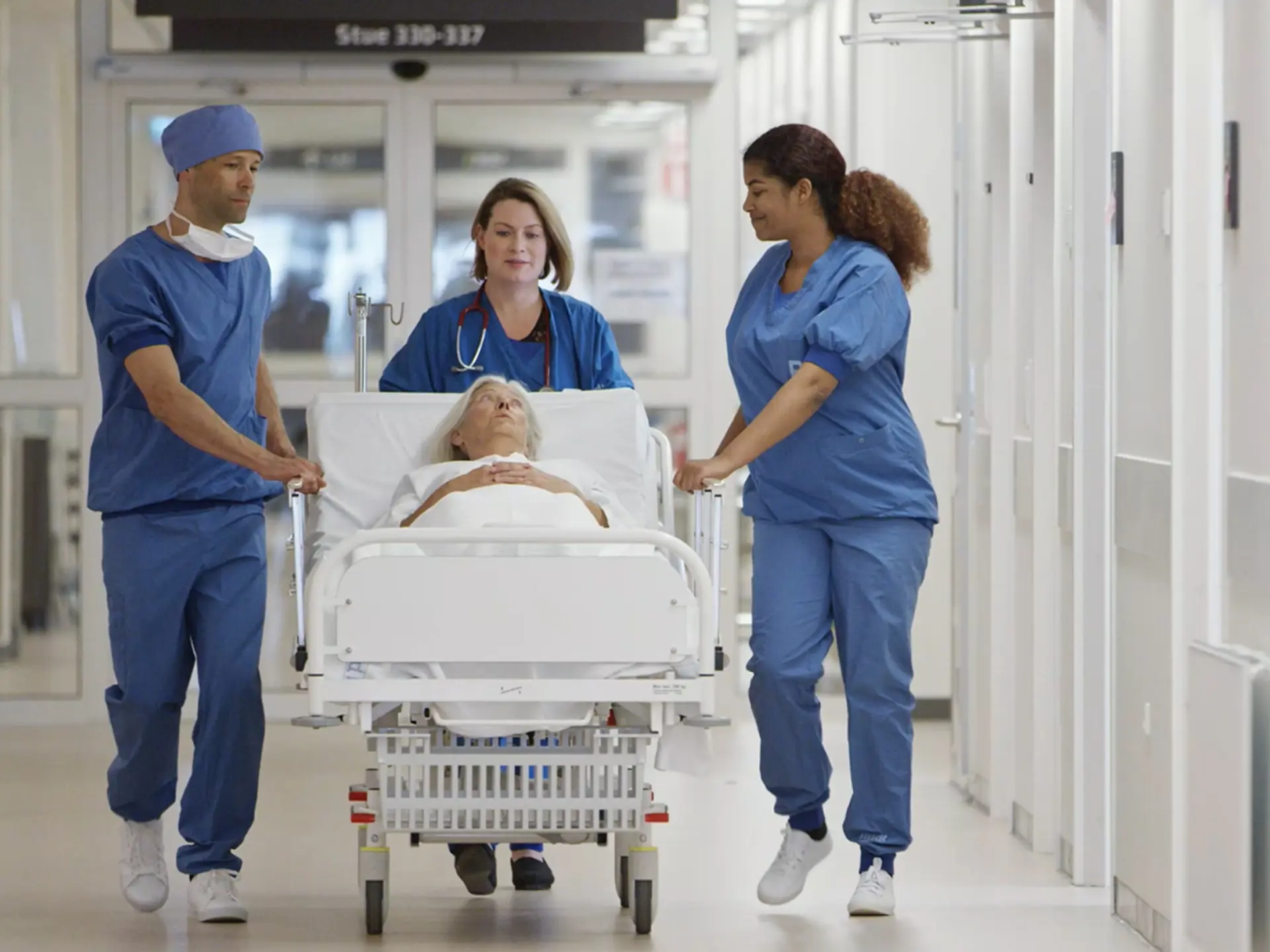 Patient being transported in a hospital