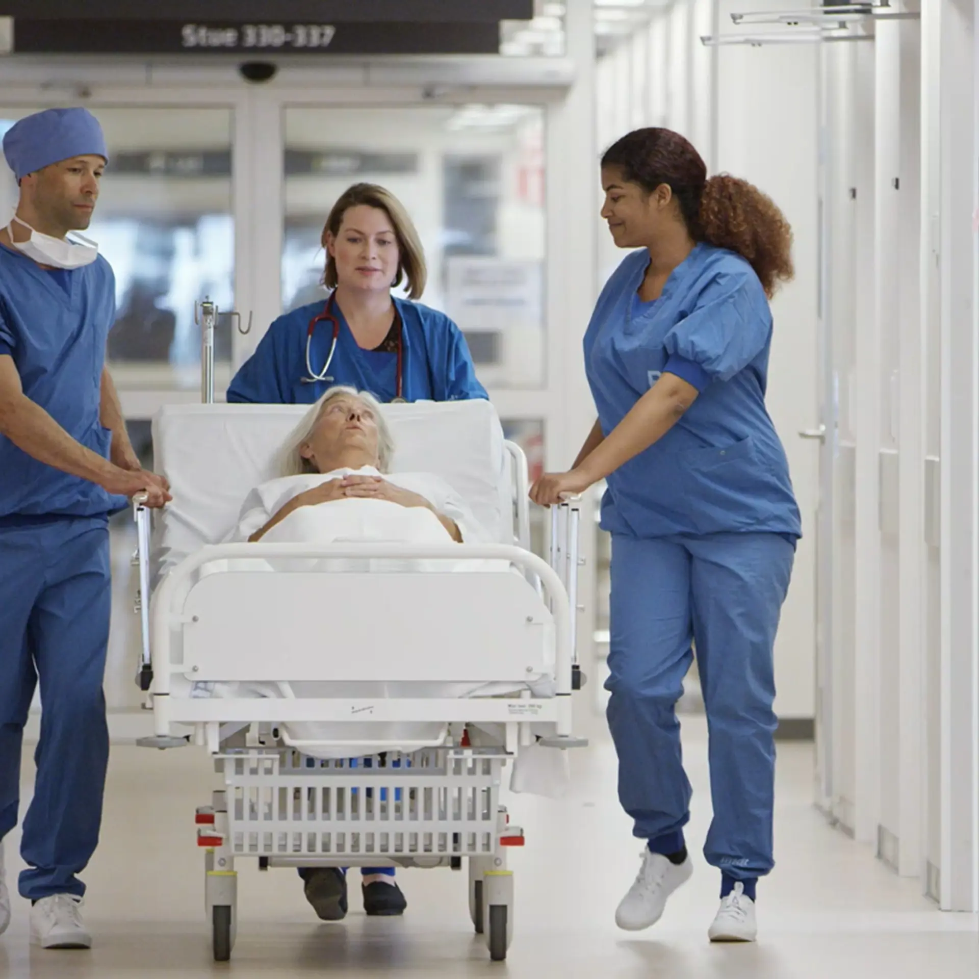 Patient being transported in a hospital