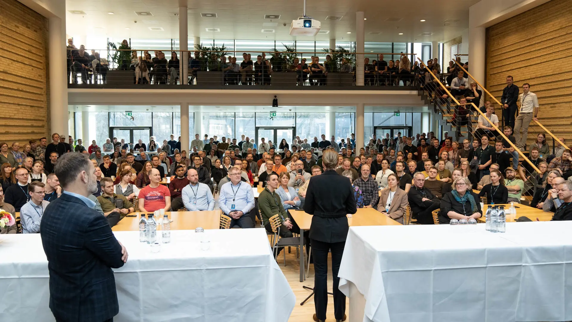 Prime Minister Mette Frederiksen speaks to Systematic employees in Aarhus