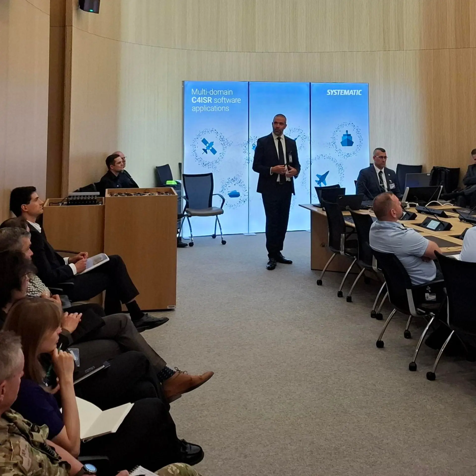 Systematic CEO Nikolaj Bramsen presenting SitaWare and AI capabilities at NATO HQ