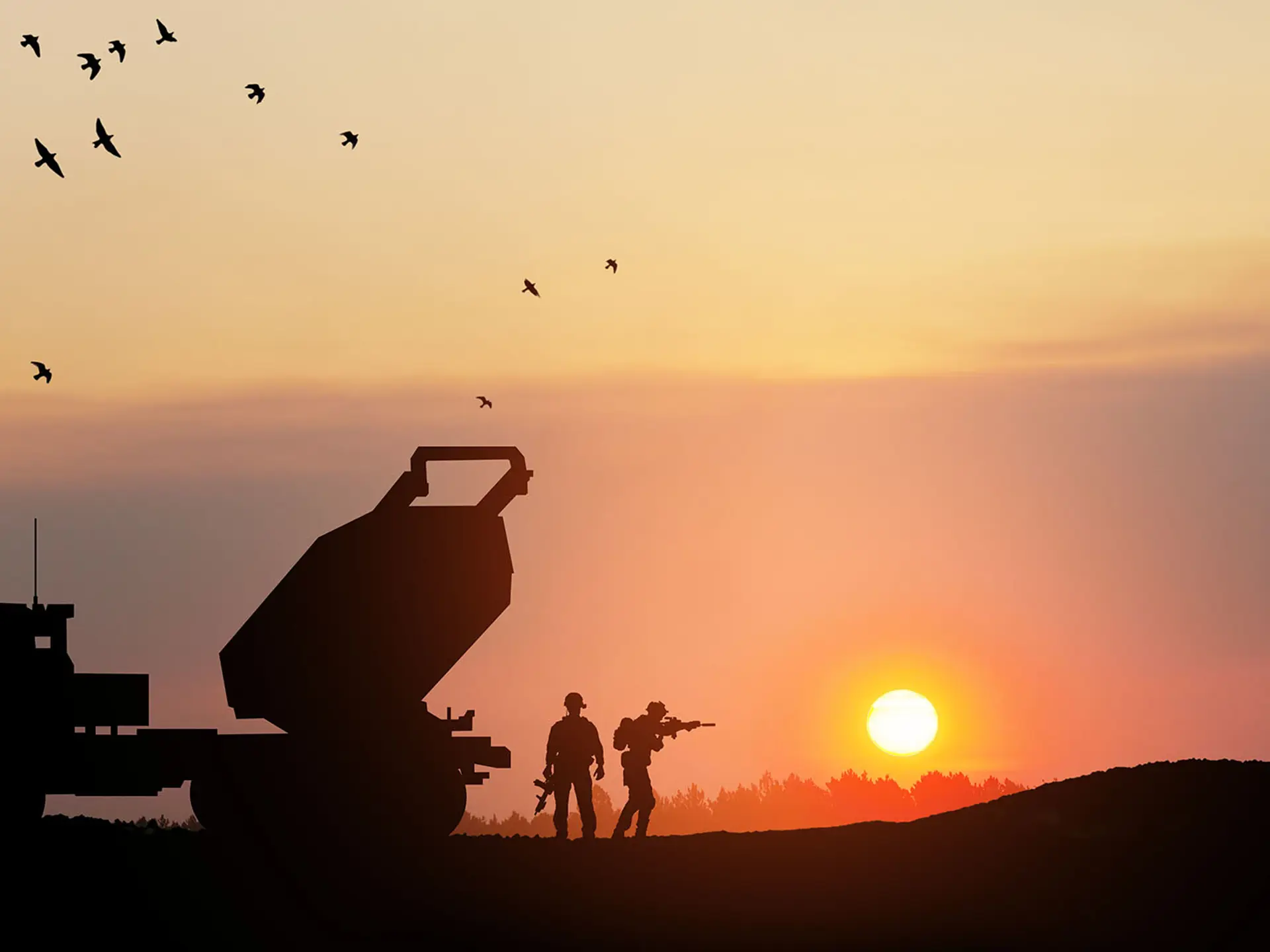 Artillery Rocket System Aimed To The Sky At Sunset