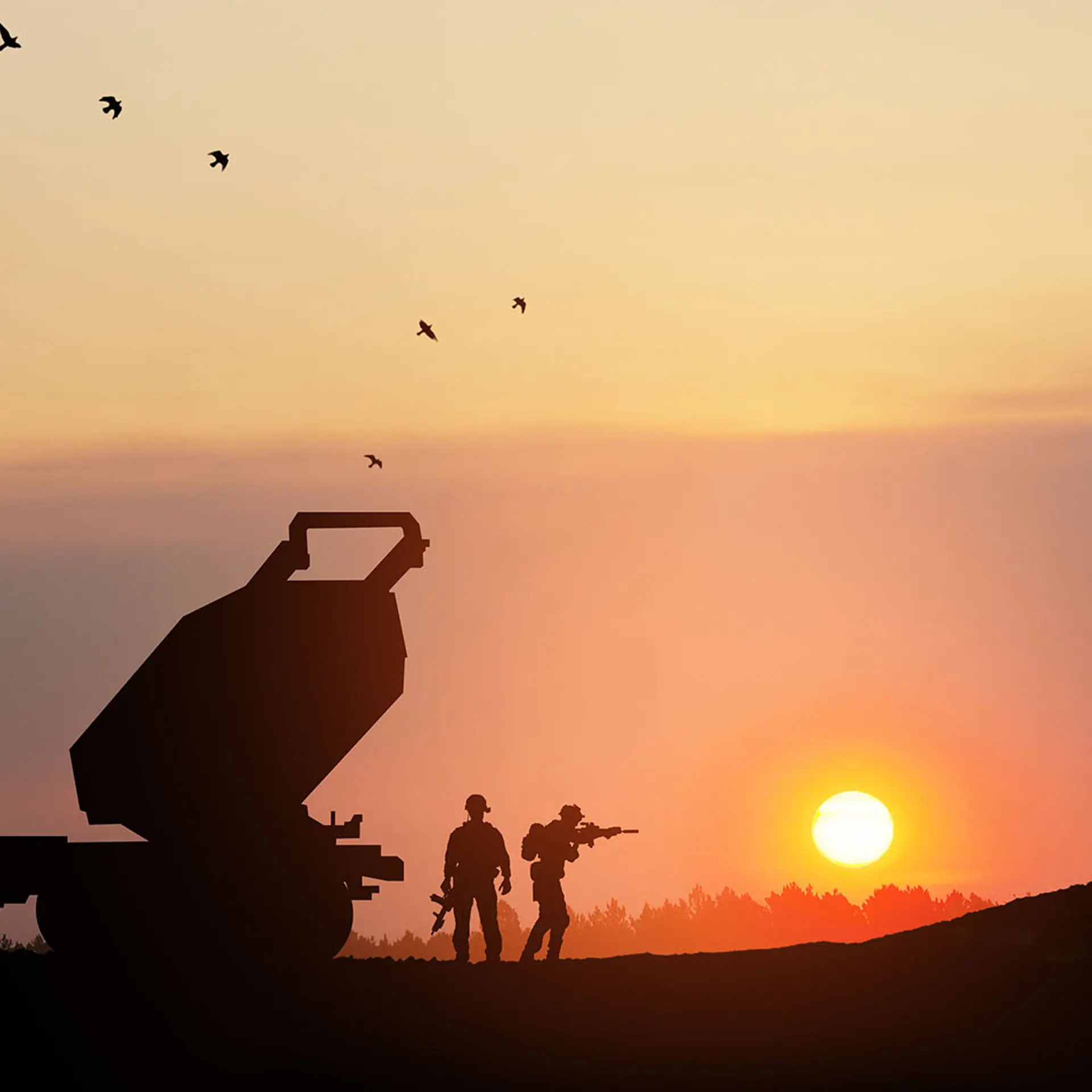 Artillery Rocket System Aimed To The Sky At Sunset
