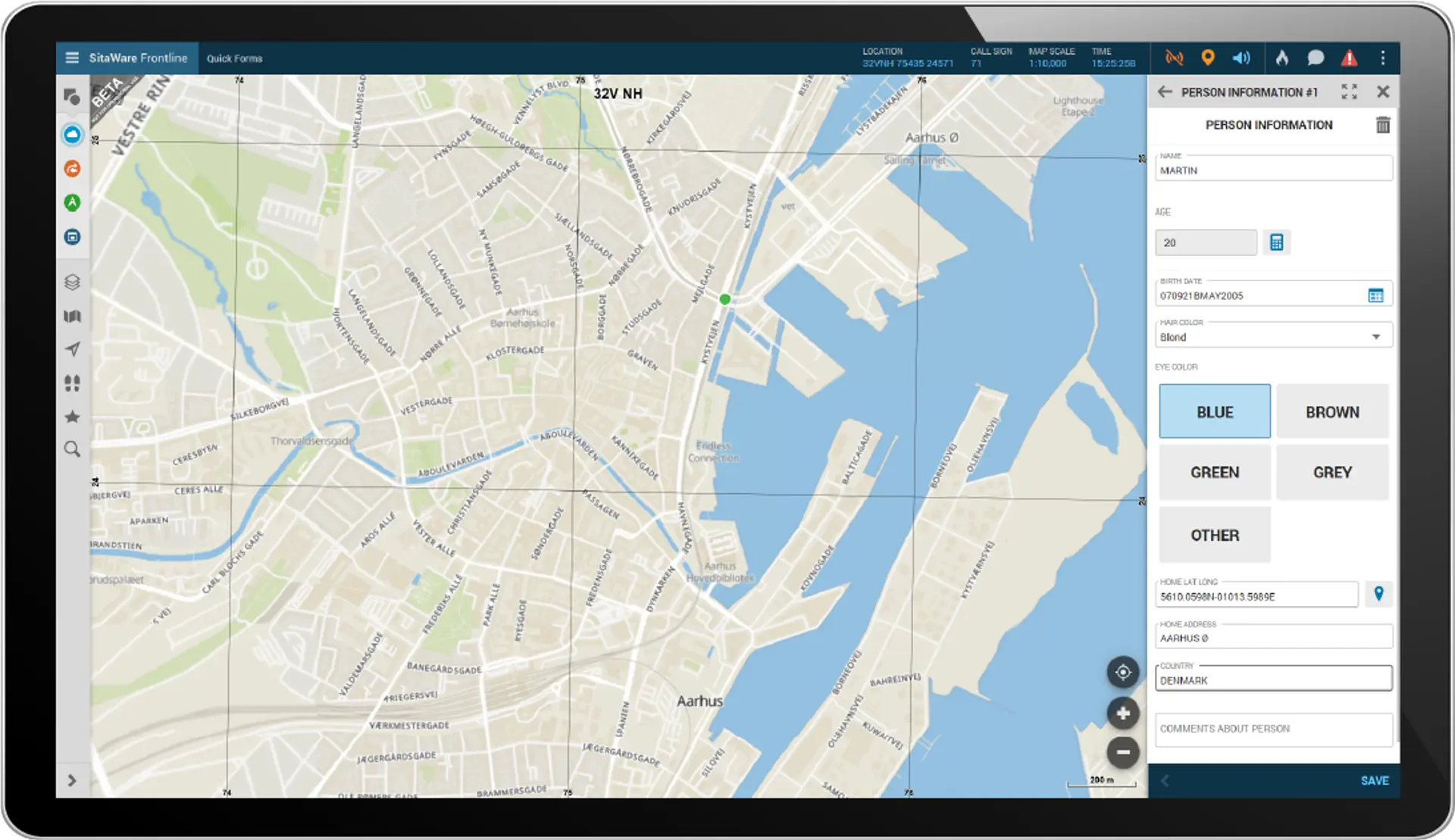 Tablet with SitaWare Frontline and the Quick Form module open