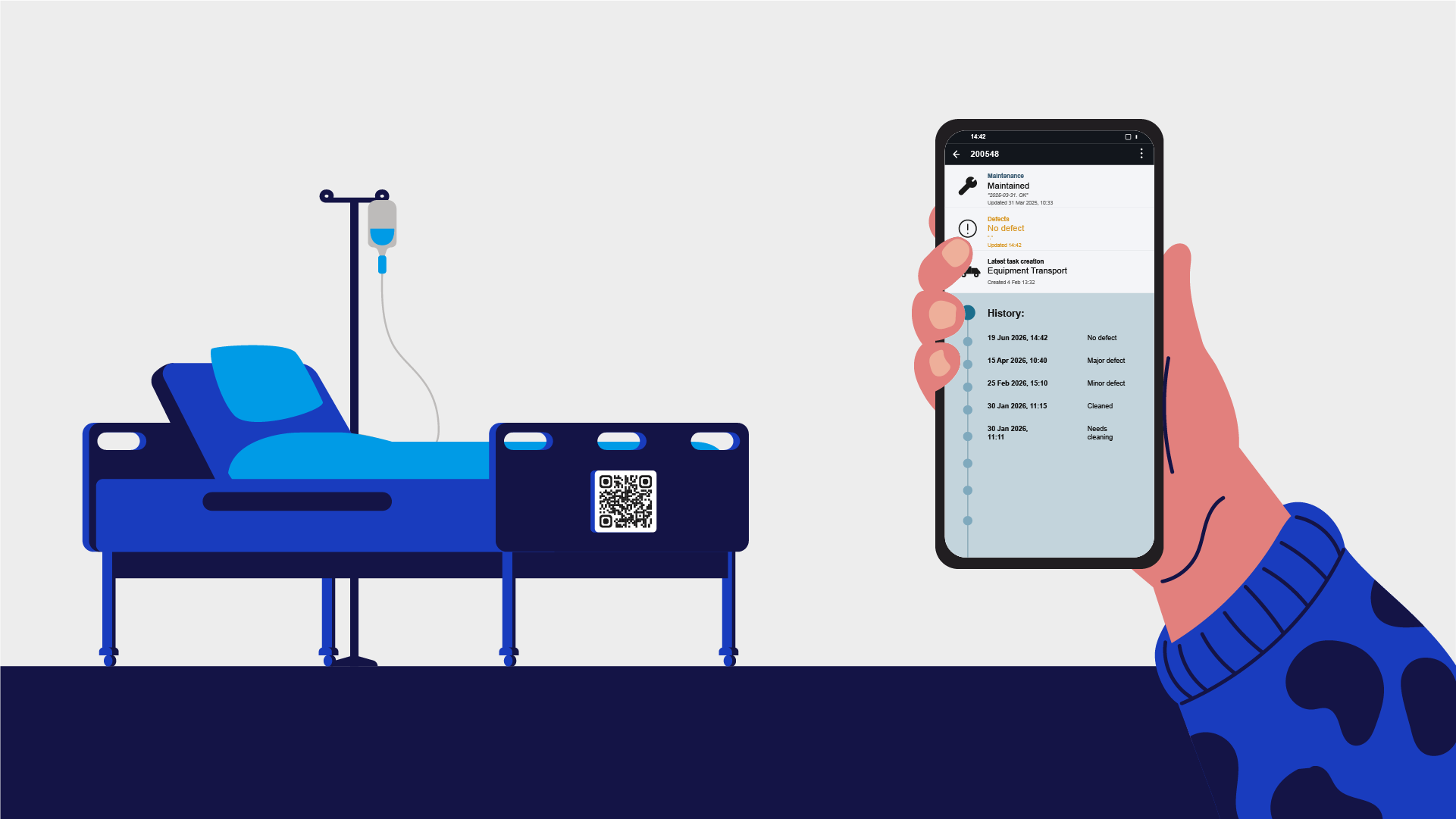 Hand holding a phone showing equipment maintenance history in Columna Flow Search & Find, beside a QR-tagged hospital bed.