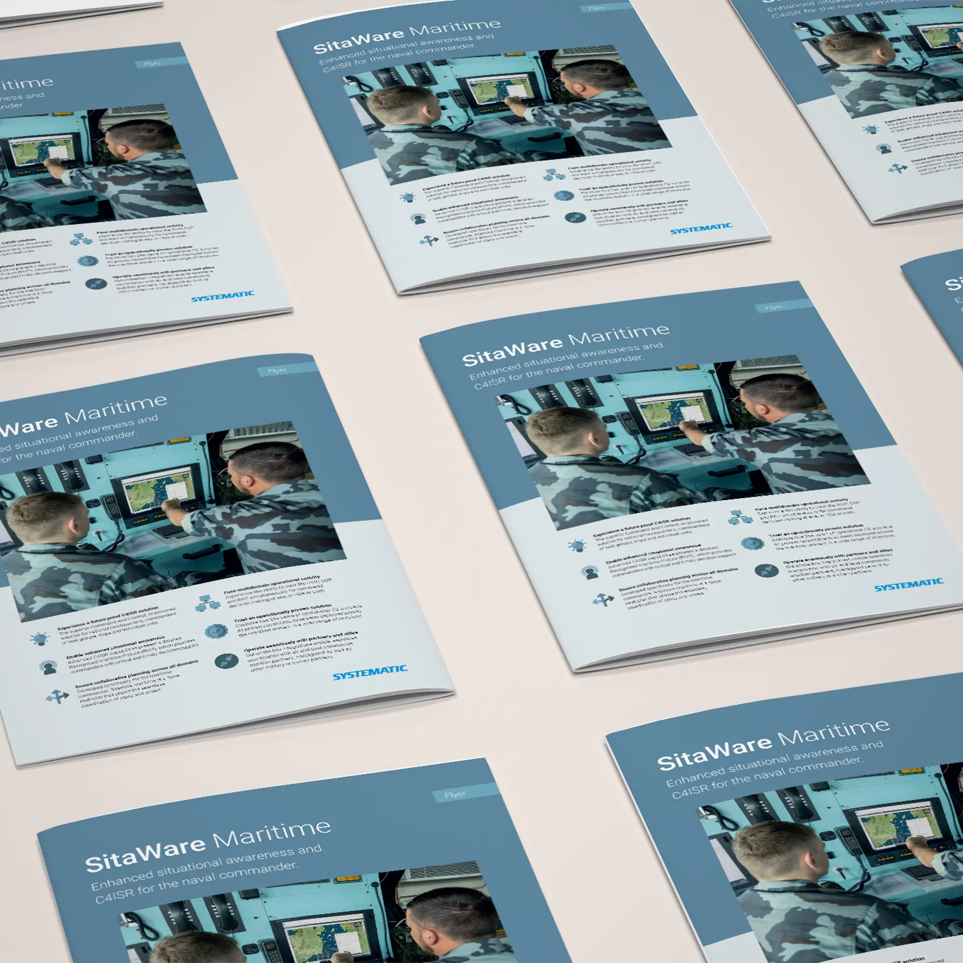 Flyer mockup promoting SitaWare Maritime with enhanced situational awareness and C4ISR capabilities for naval commanders.