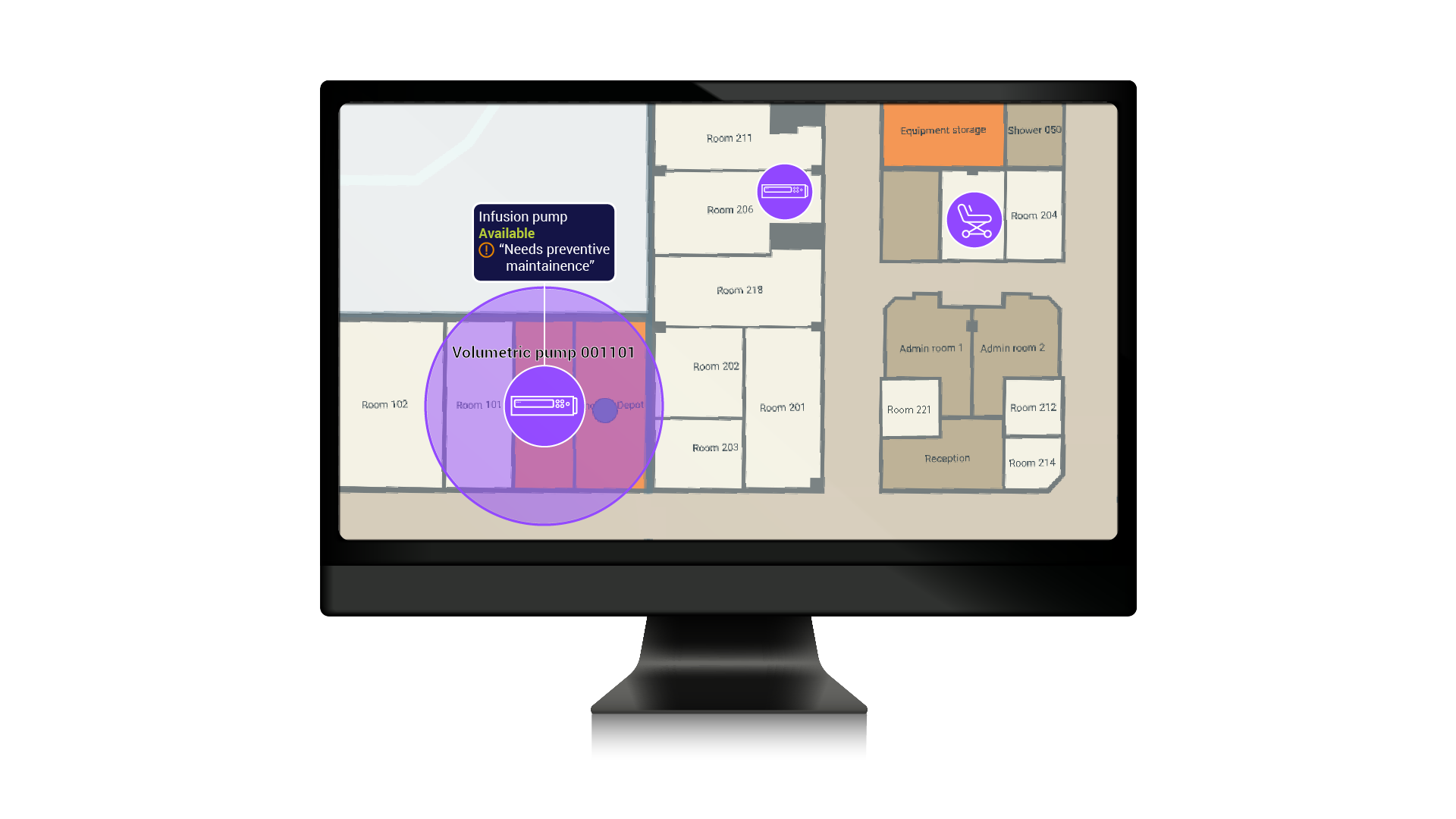 Columna Flow map view showing real-time location and status of infusion pumps and other medical equipment across hospital rooms.