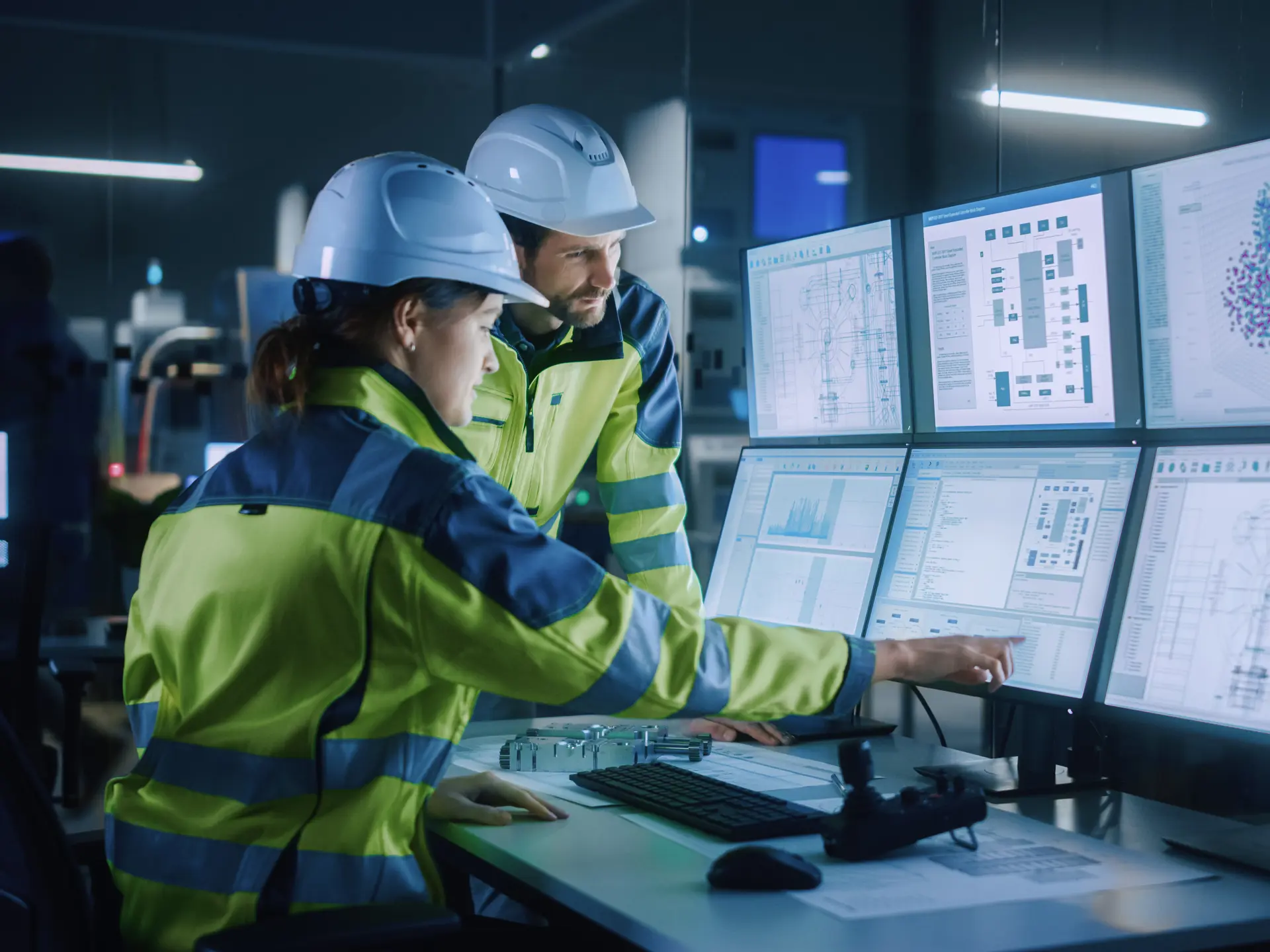 Engineers in safety gear analyze technical data and system diagrams on multiple computer monitors in a modern control room.