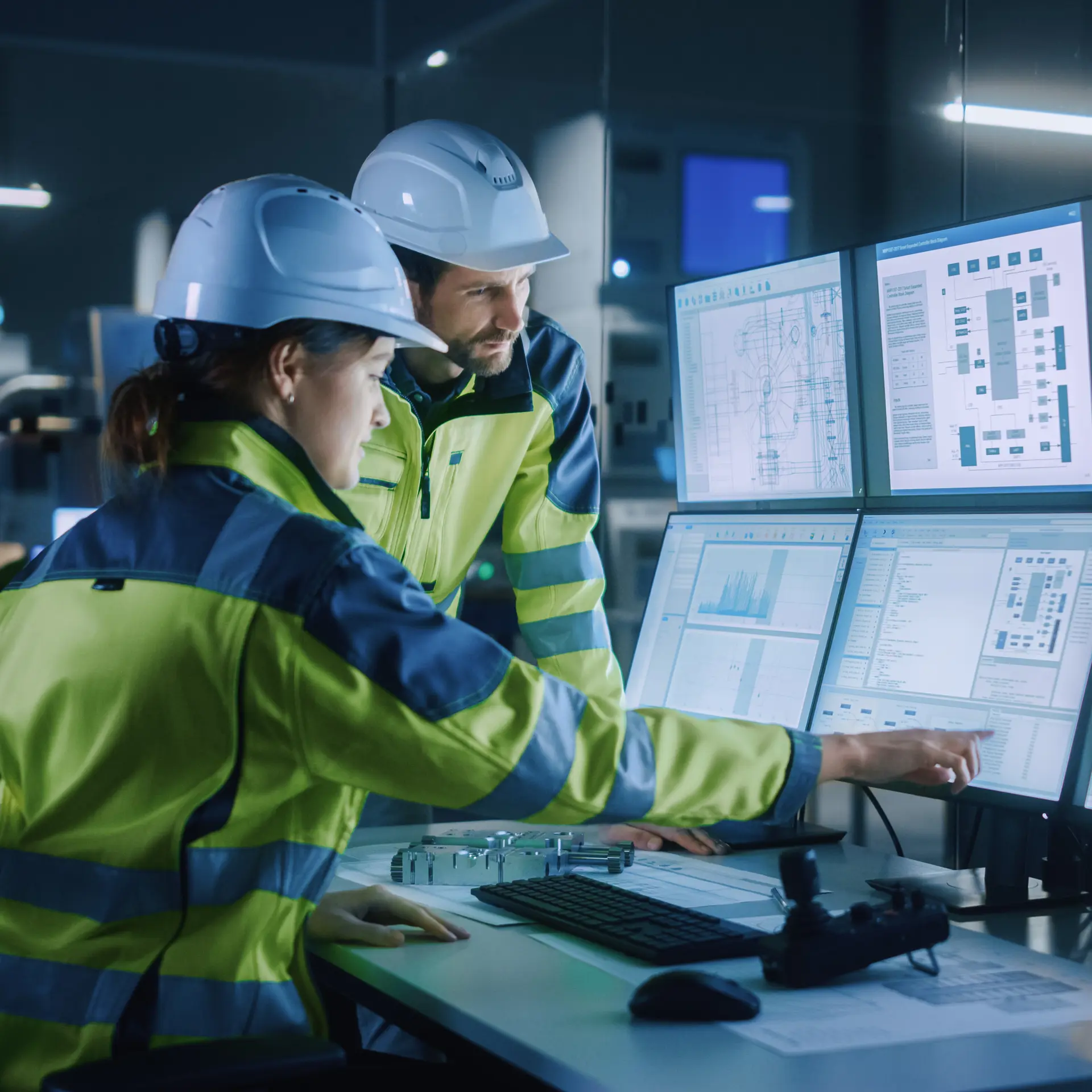 Engineers in safety gear analyze technical data and system diagrams on multiple computer monitors in a modern control room.