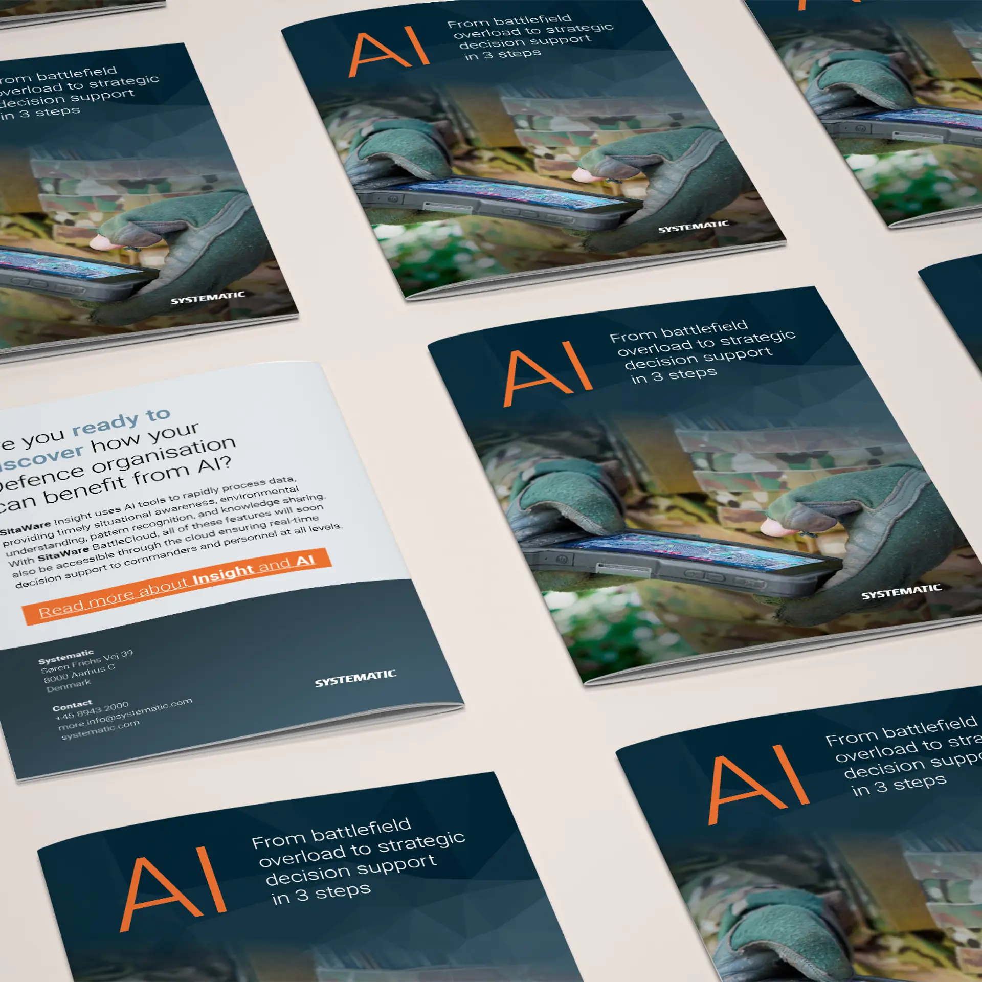 Systematic brochures on AI-based decision support solutions laid out in a grid, featuring imagery of soldiers interacting with digital tools.