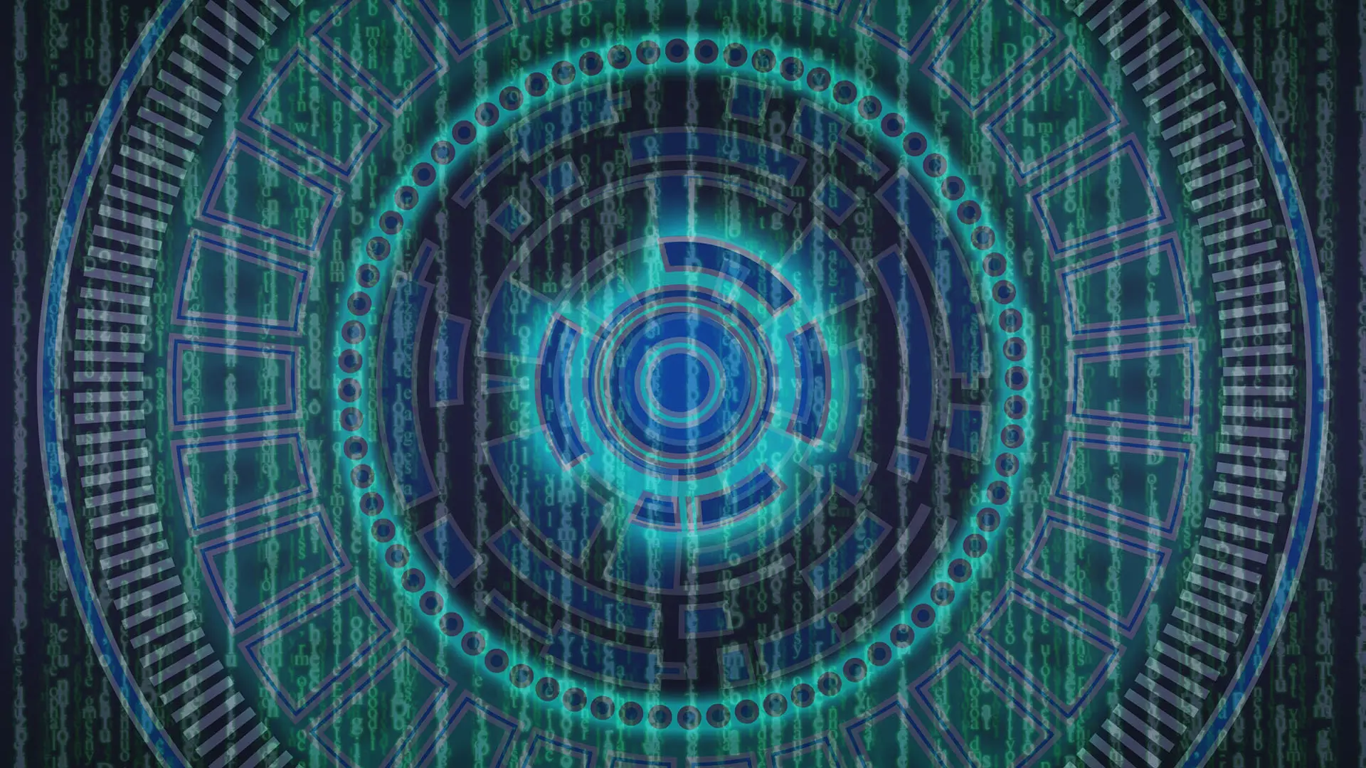 Futuristic digital interface with glowing blue circular patterns overlaid on green binary code, symbolizing cybersecurity, data protection, and advanced technology.