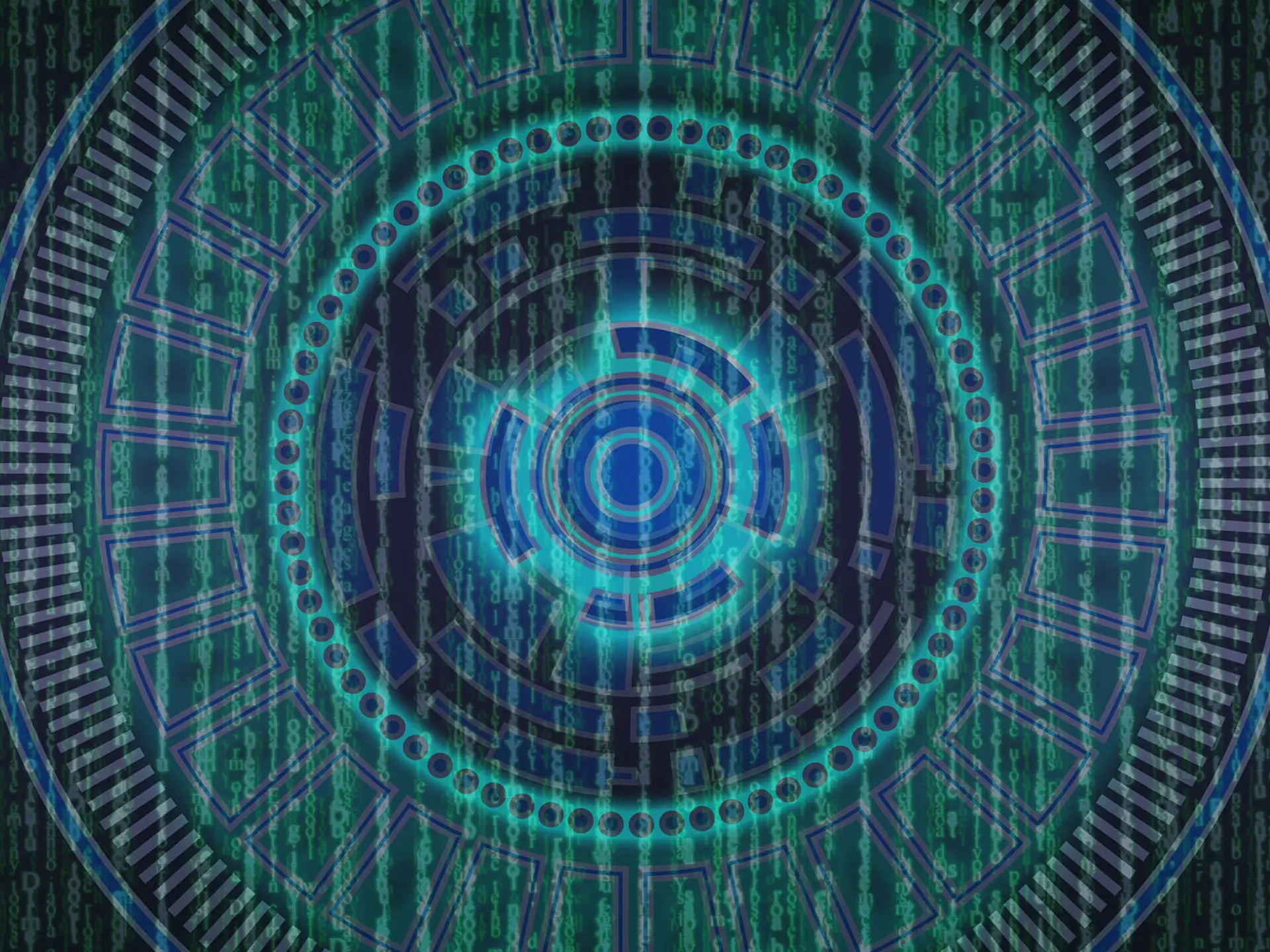 High-tech digital interface featuring glowing blue concentric circles layered on streams of green binary code, representing cybersecurity, encryption, and modern data systems.