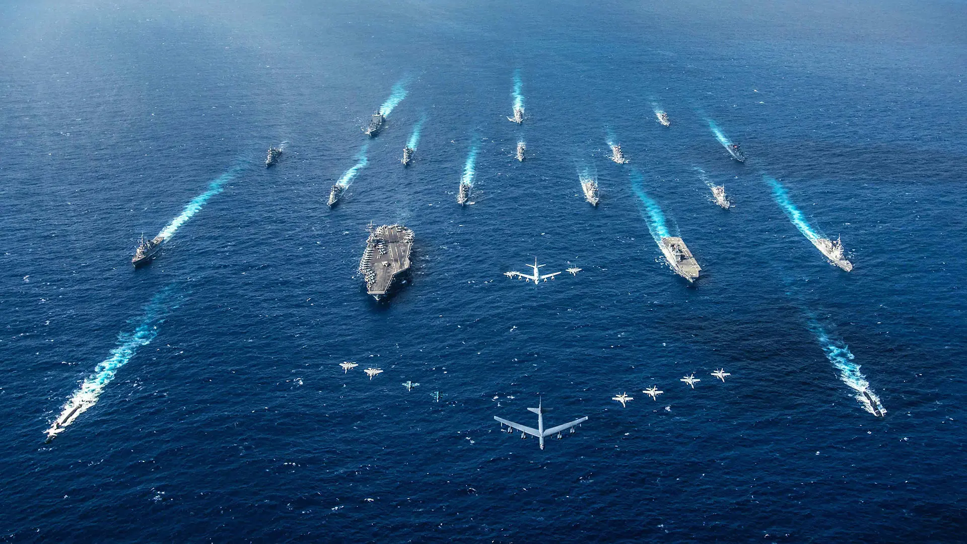 Vessels And Aircrafts From Above At Sea