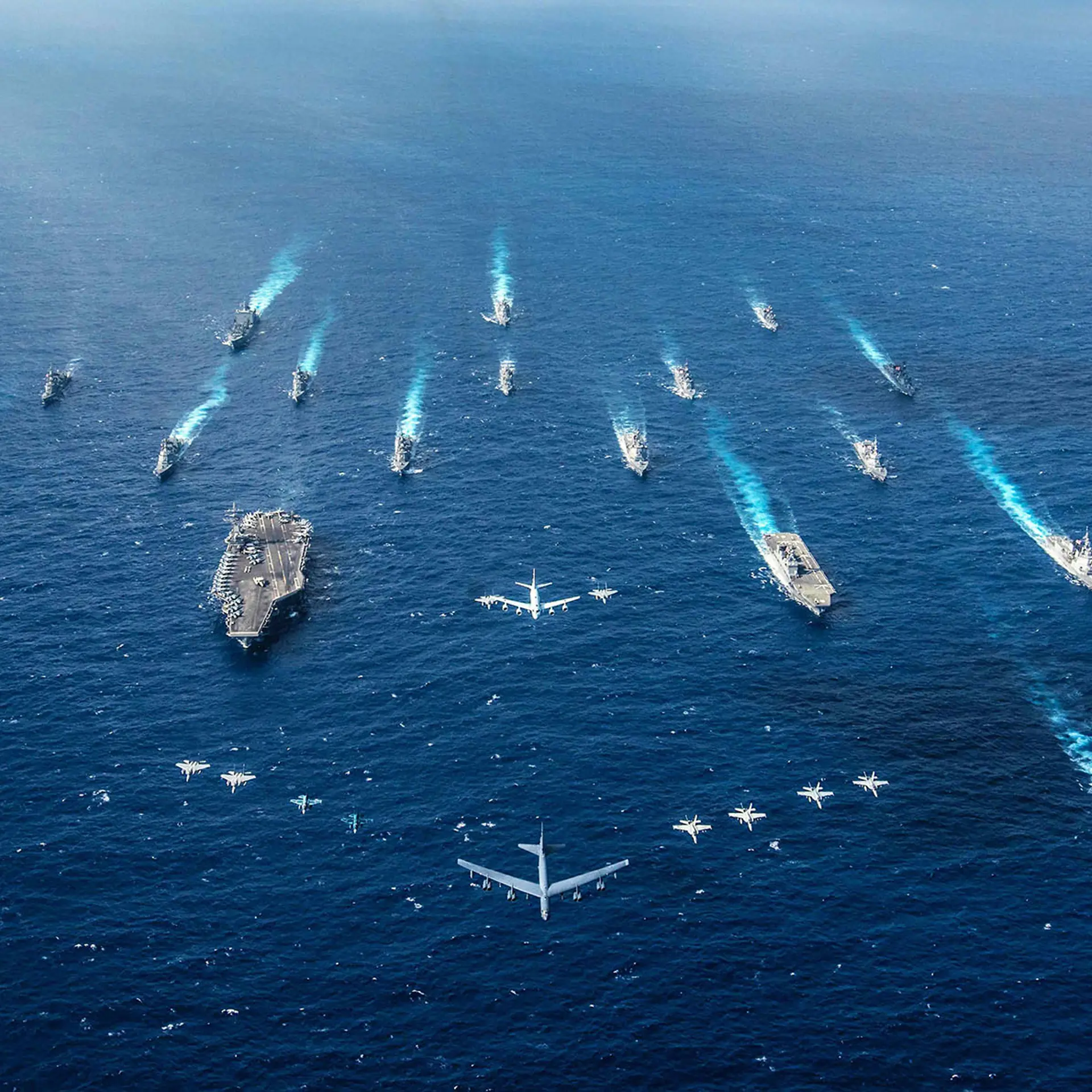 Vessels And Aircrafts From Above At Sea