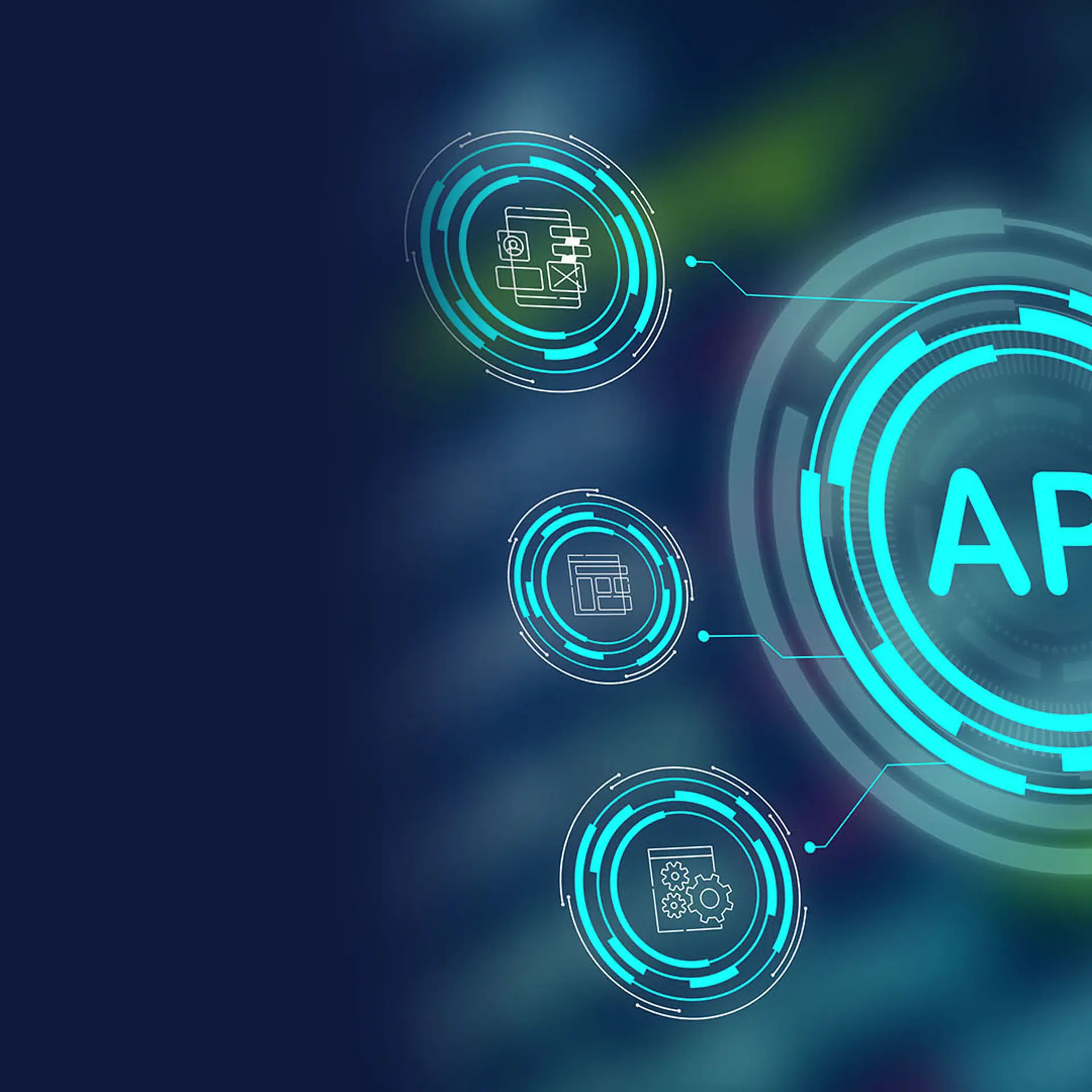Digital illustration of an API (Application Programming Interface) surrounded by interconnected technology icons, symbolizing system integration and data exchange.