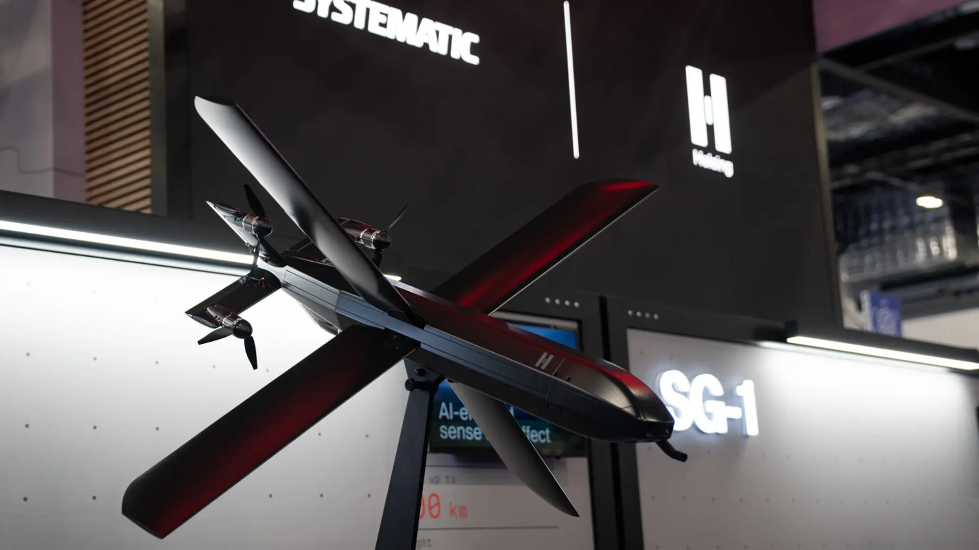 Helsing drone, with Systematic and Helsing logos in the background