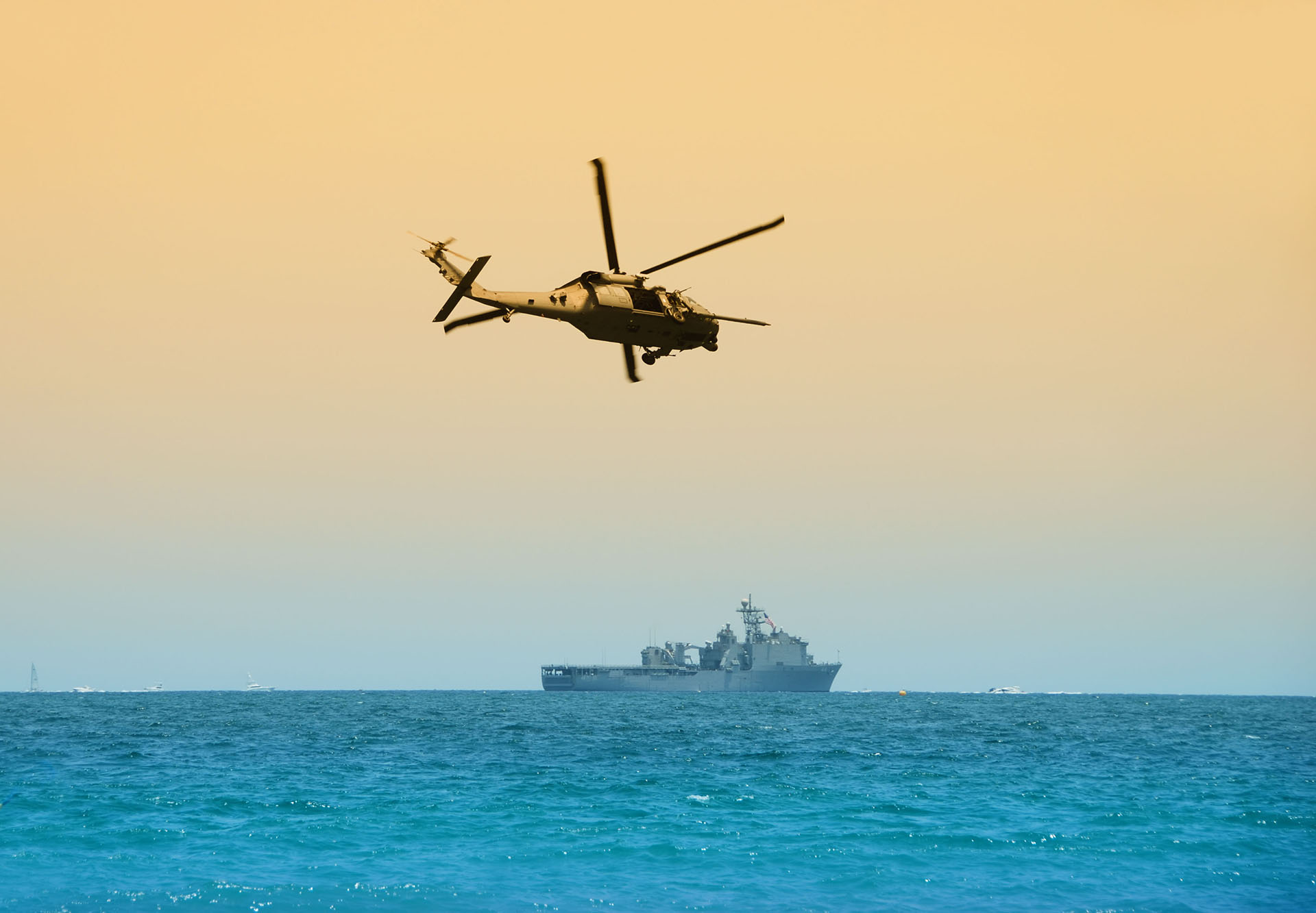 Ship And Helicopter On Open Sea in action