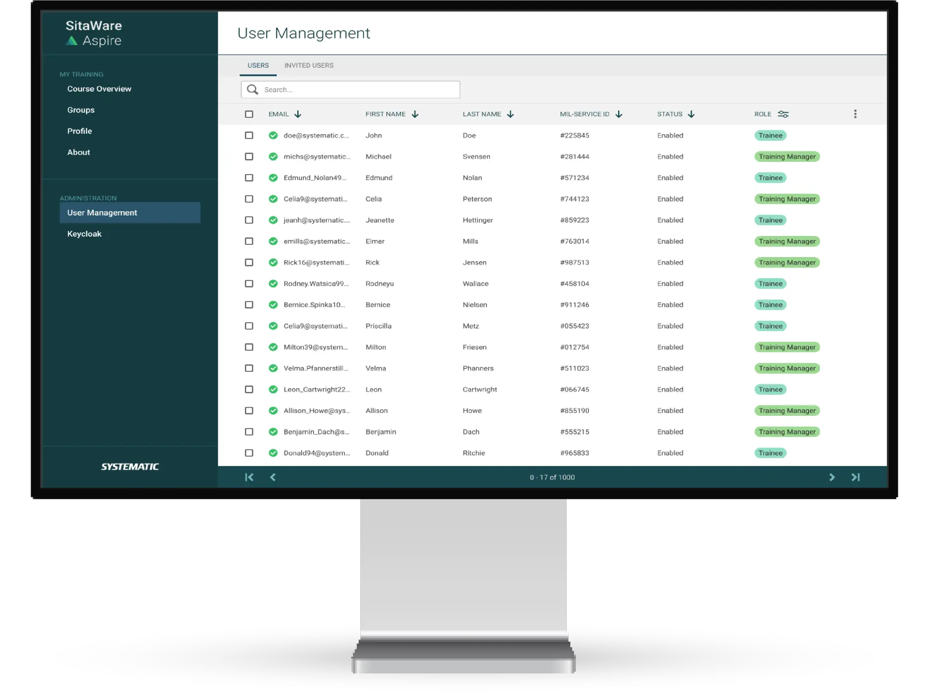 The user management view in the SitaWare Aspire training suite