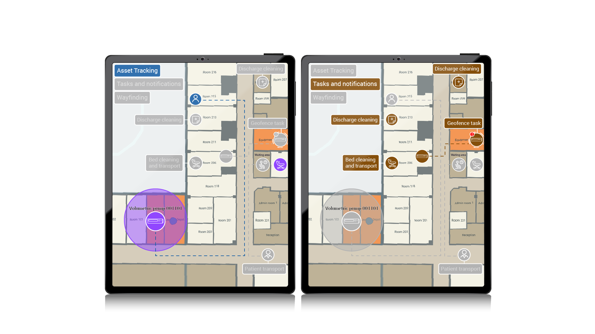 Two tablet views of Columna Flow Search & Find showing the Equipment and Tasking modes on a hospital floor plan.