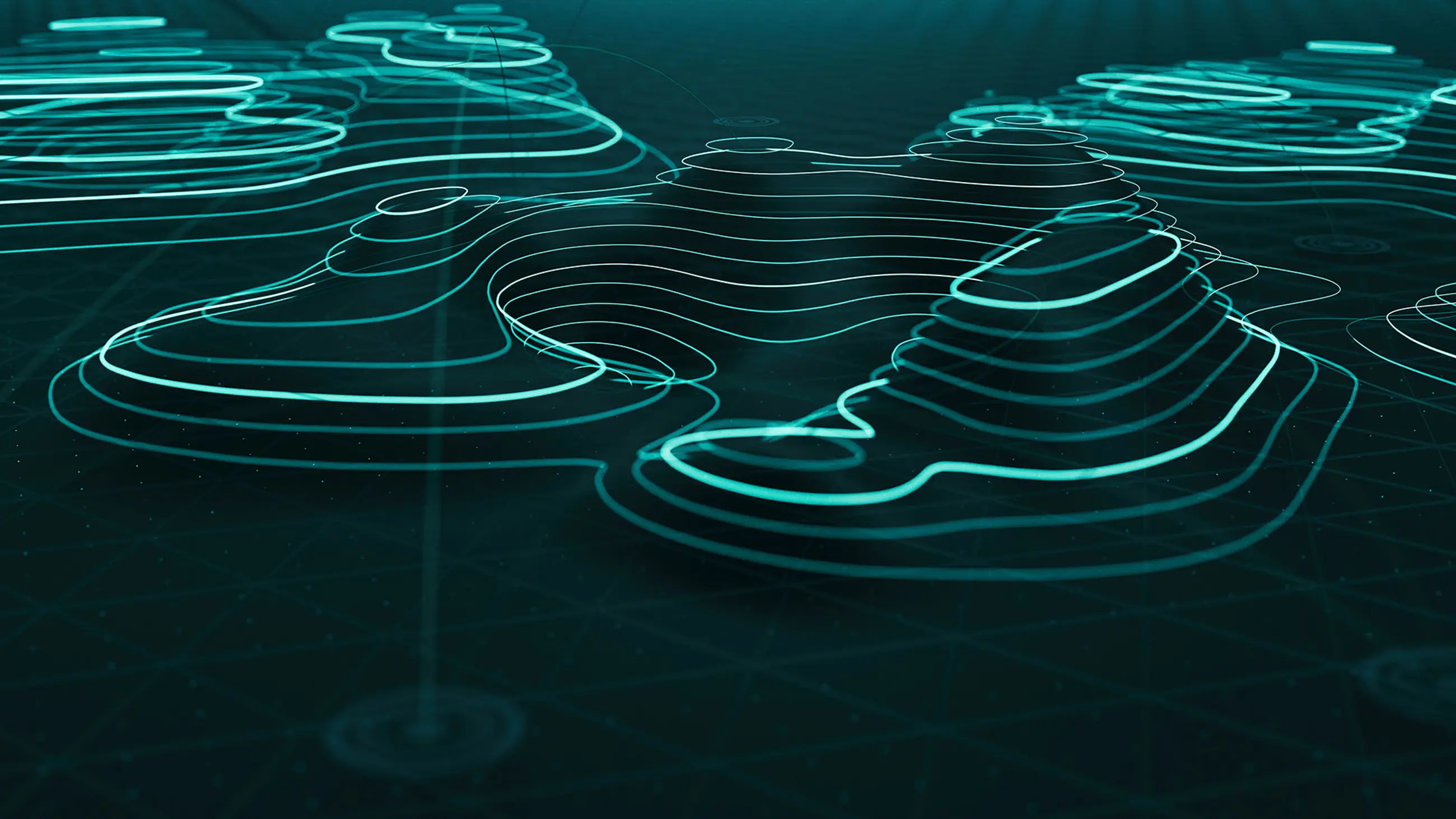 Holographic landscape showing glowing topographic contour lines.