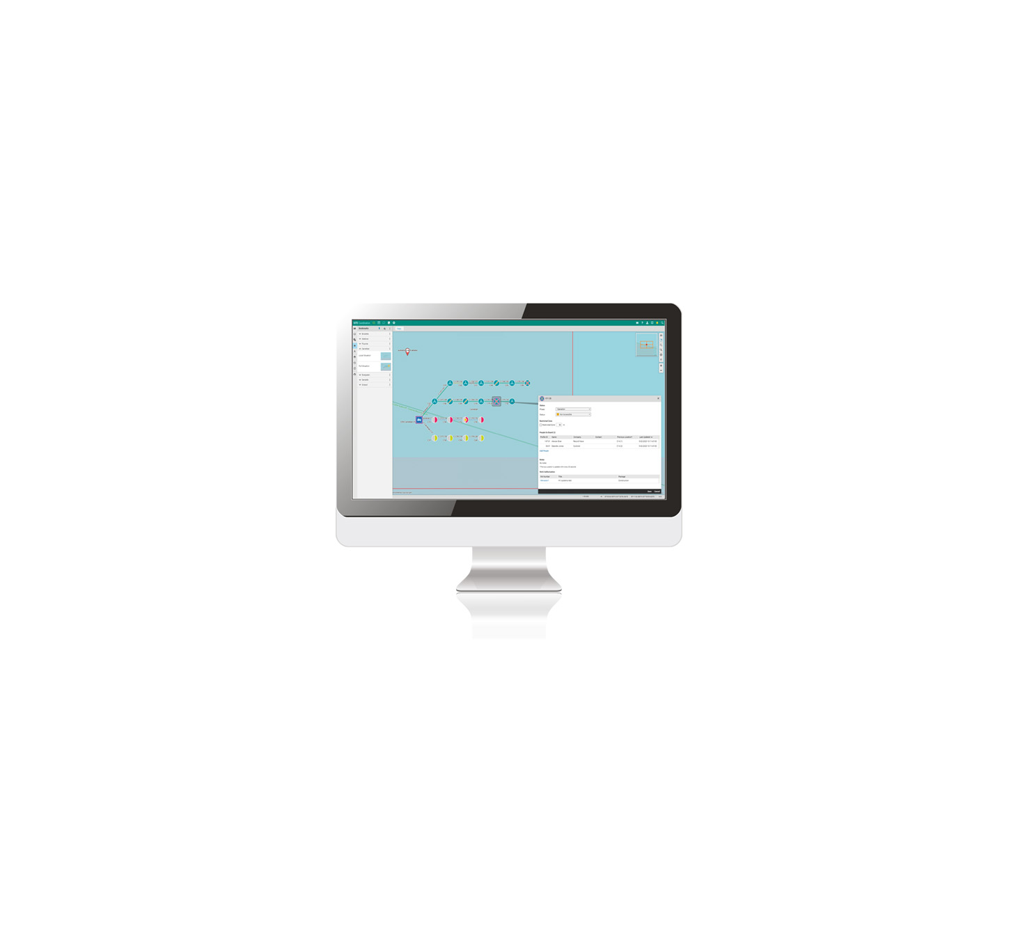 Computer monitor displaying a workflow visualization interface with connected process nodes and detailed task information.