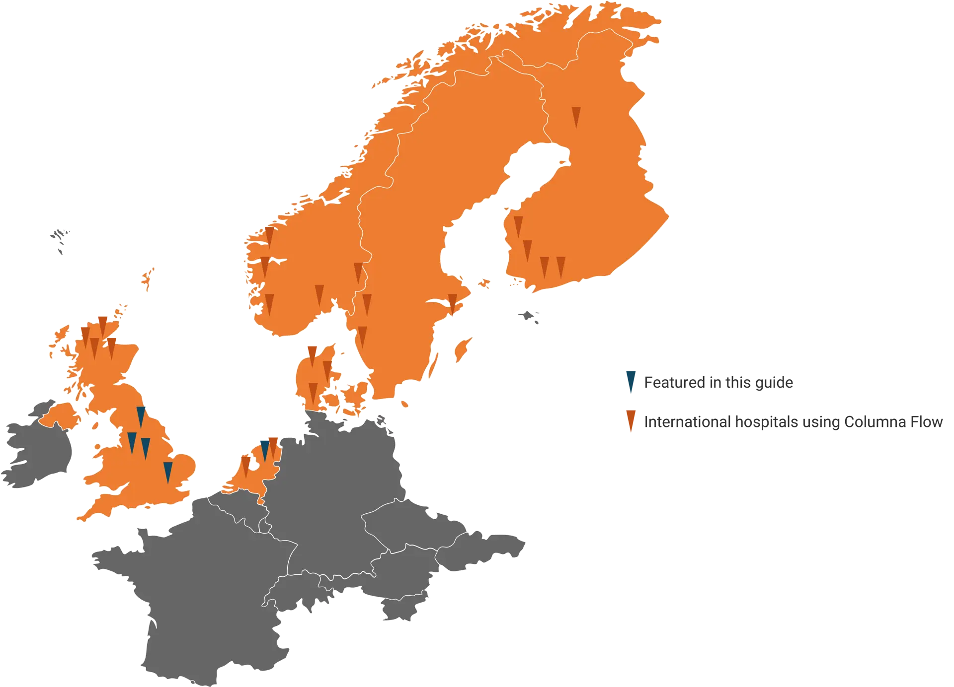 Map of Northern Europe highlighting locations mentioned in a blog post that reference equipment tracking solutions, reports, and examples, as well as international hospitals using Systematic’s Columna Flow.