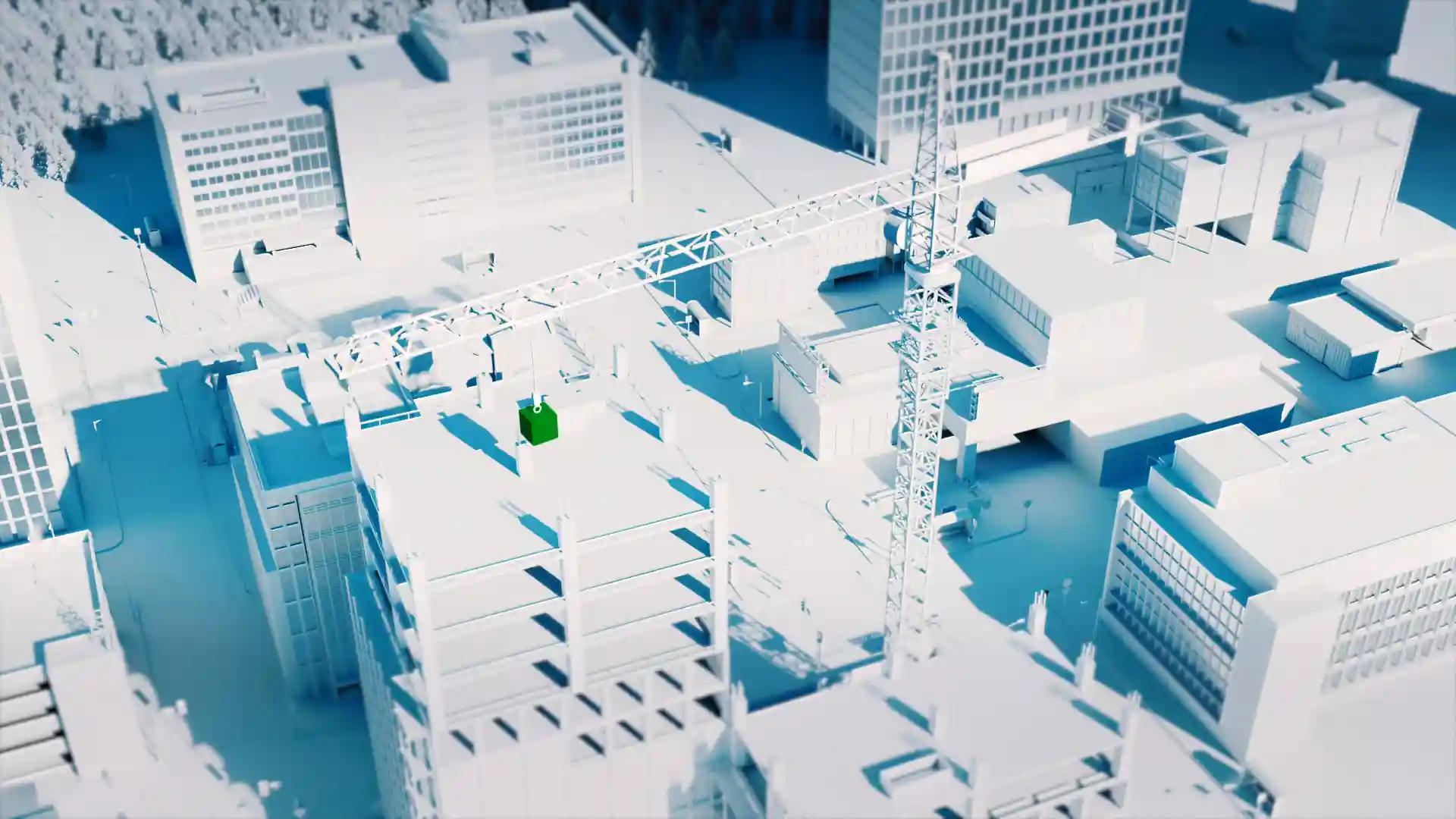 3D-rendered cityscape showing digital construction progress with a crane lifting a green container, symbolizing digital transformation and smart infrastructure.