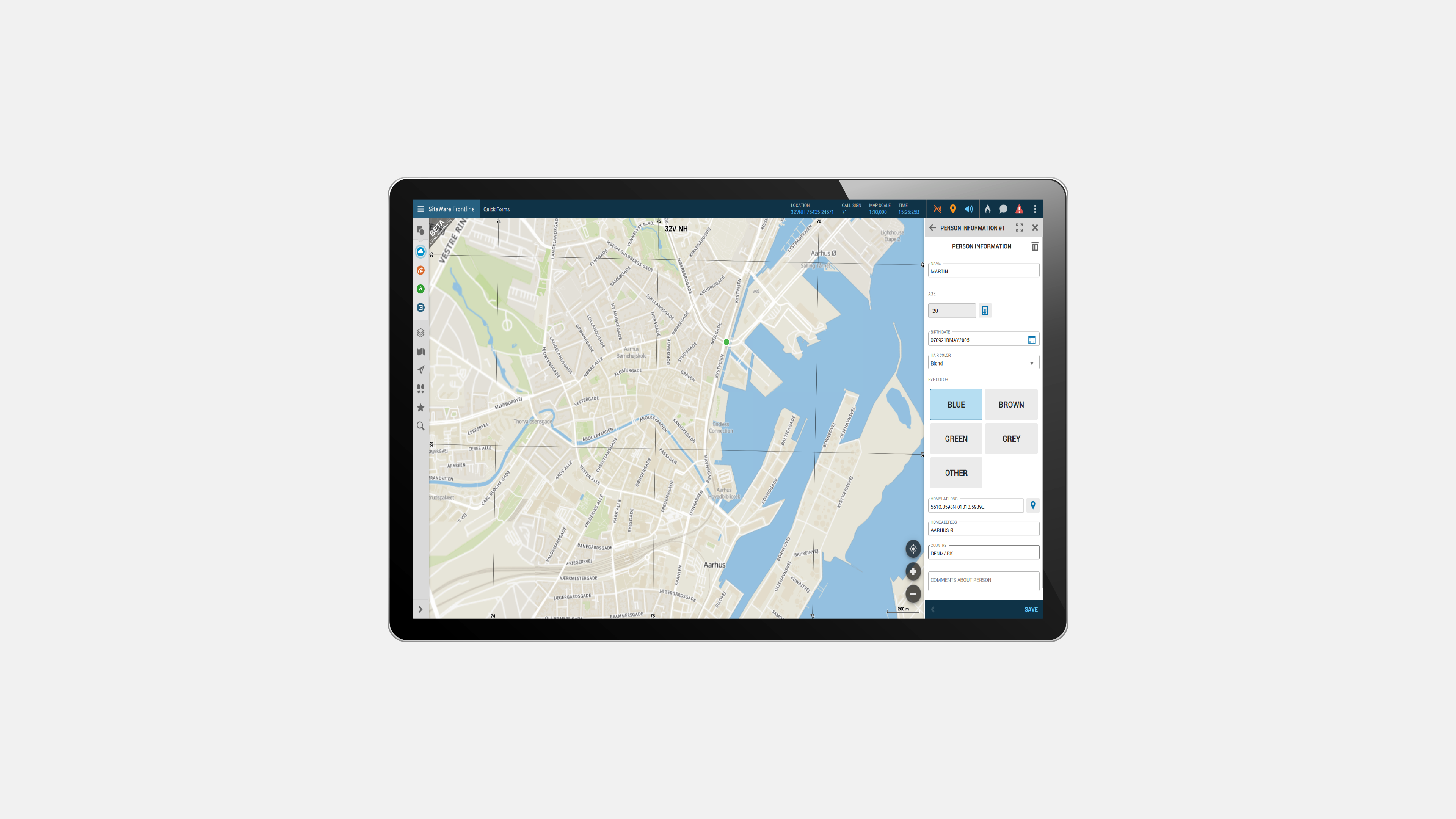 Tablet with SitaWare Frontline and the Quick Form module open