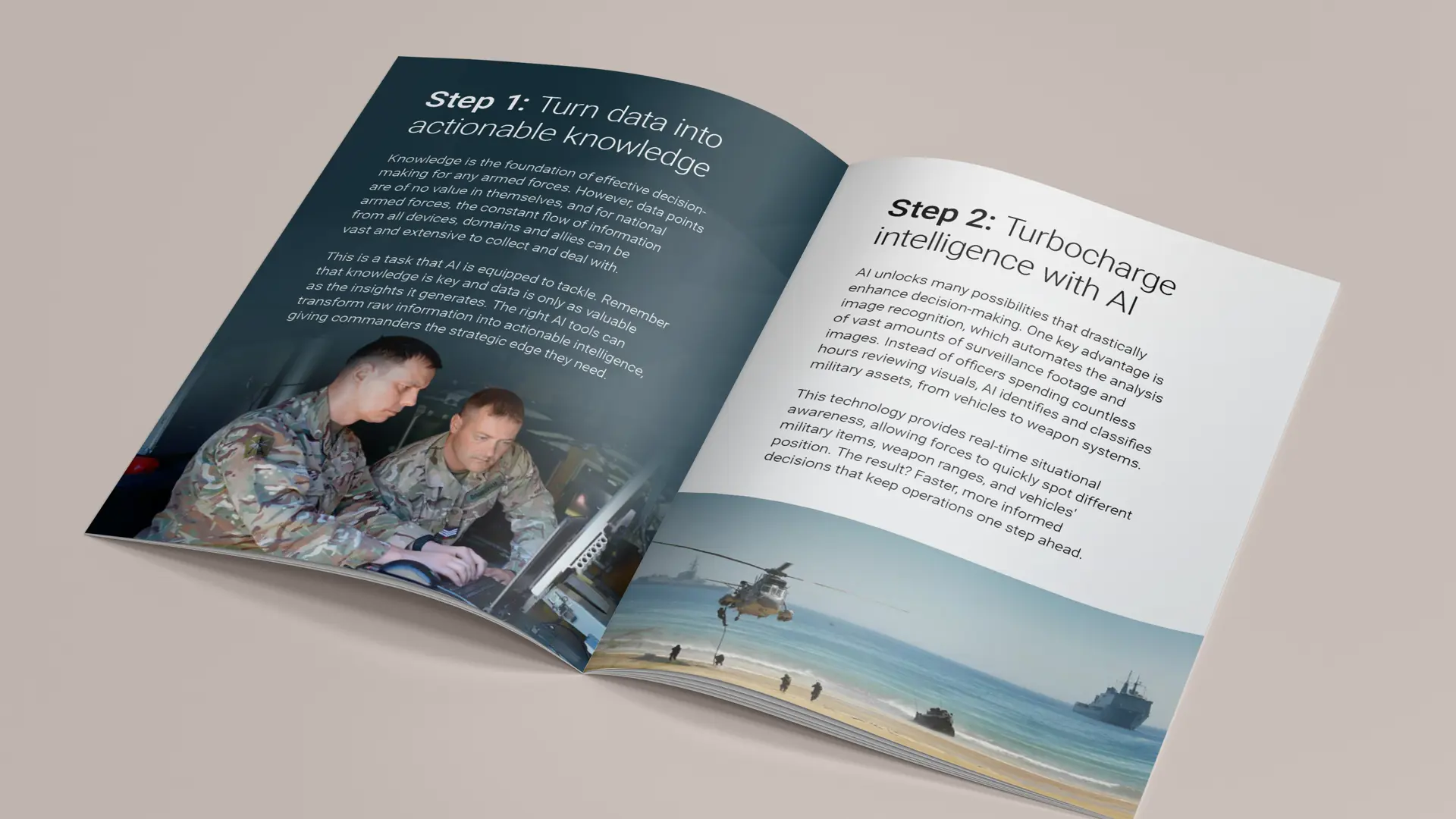 Open Systematic eBook featuring soldiers reviewing data on a laptop and a beachside military mission, showcasing steps in AI-enhanced decision support.