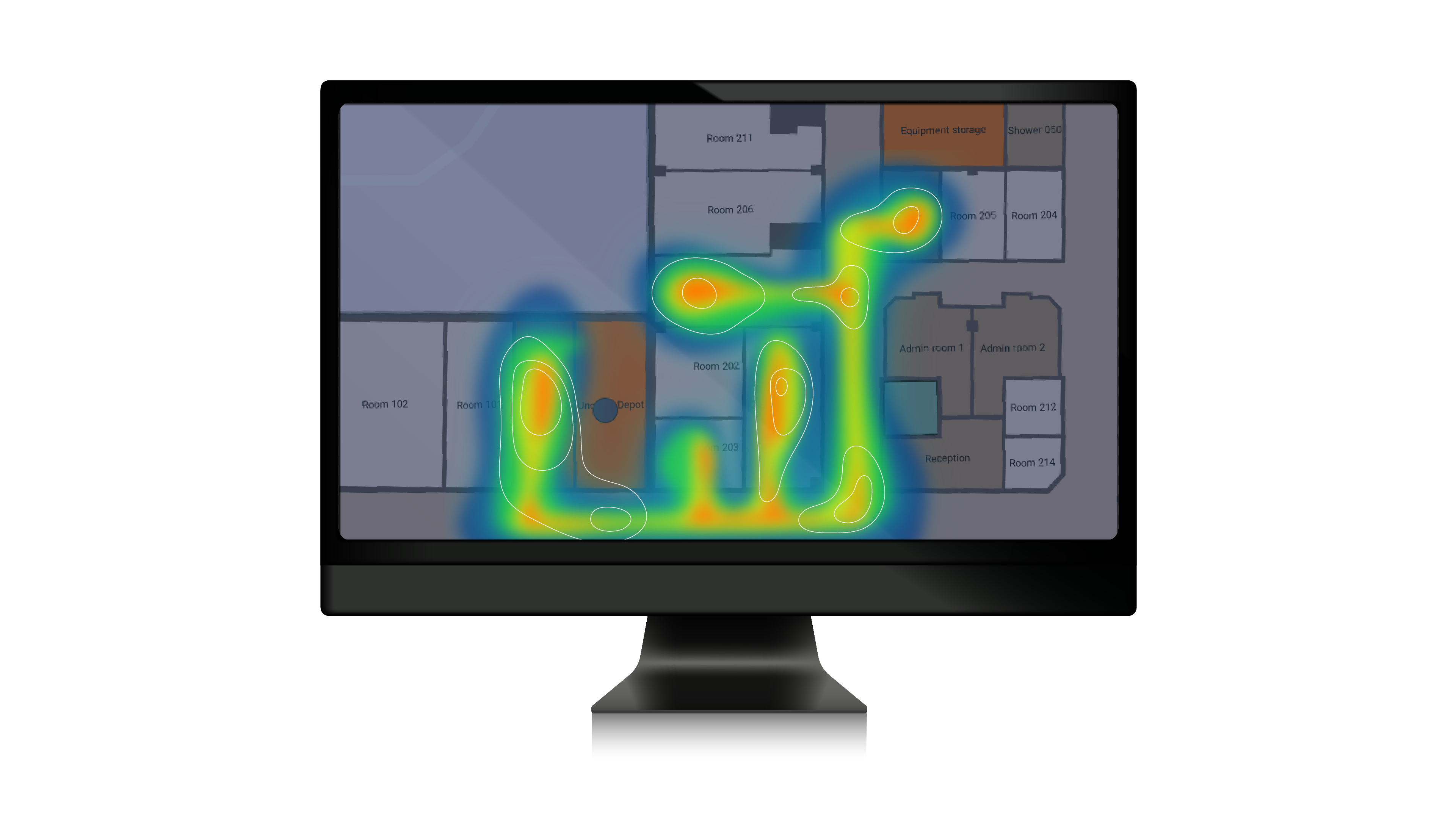 Columna Flow Search & Find heatmap visualising equipment movement and high-traffic areas across a hospital floor plan.