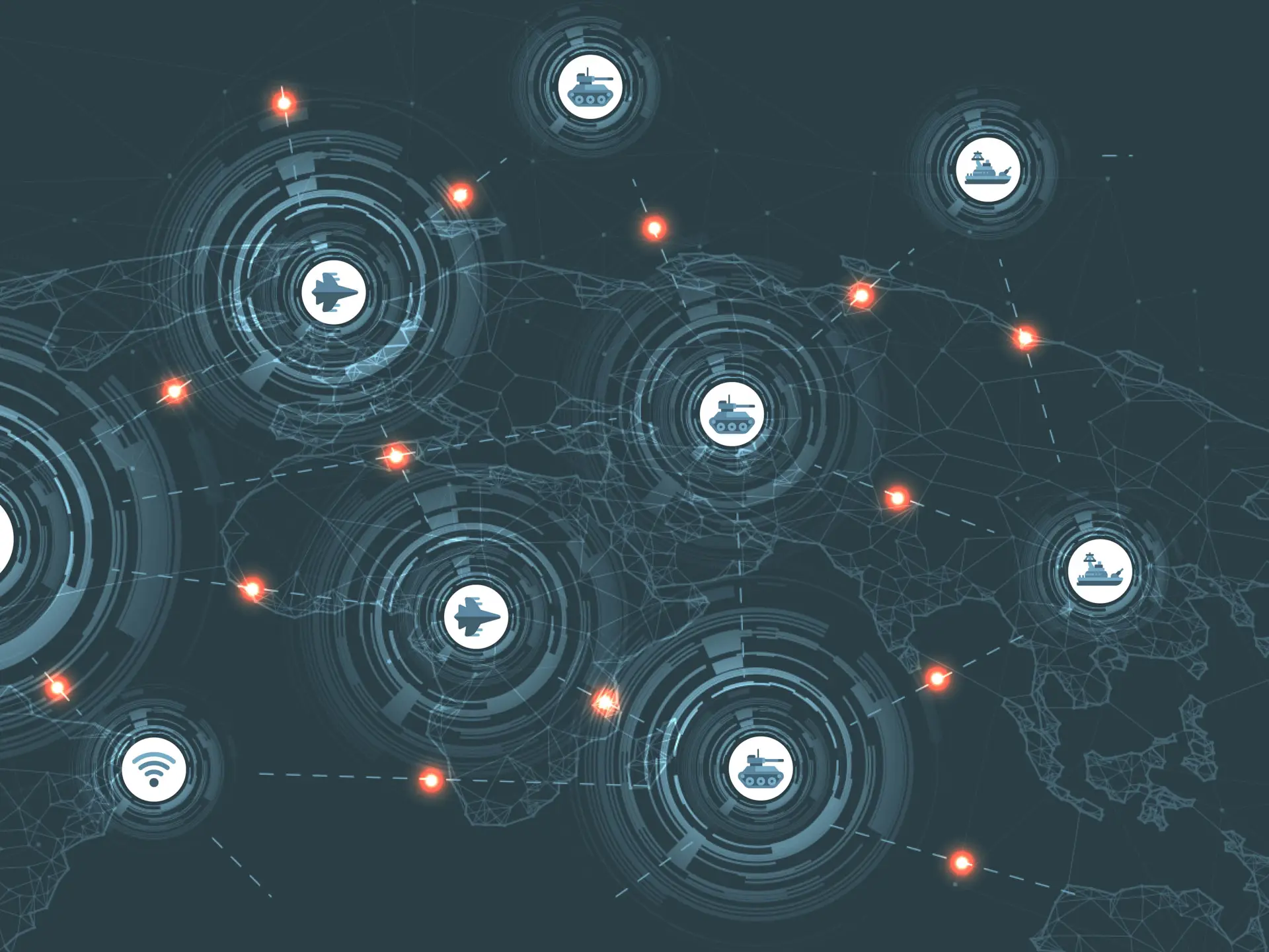 En futuristisk digital illustration af et globalt militærnetværk med sammenkoblede ikoner af fly, kampvogne, skibe, satellitter og kommunikationssignaler over et stiliseret verdenskort