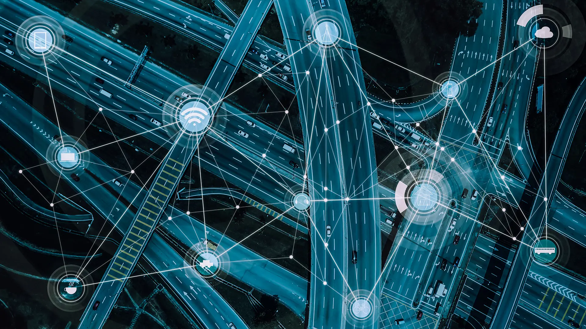 Blue infrastructure of connected elements on black background