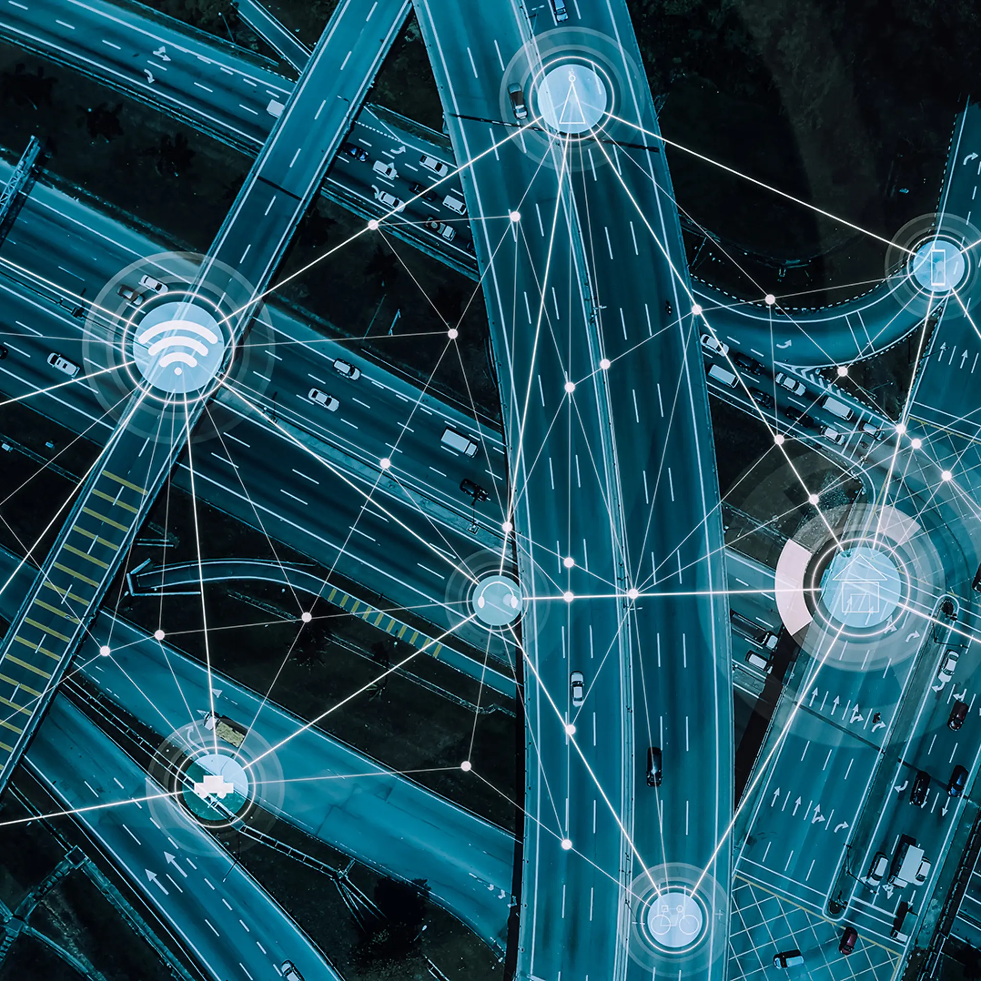 Blue infrastructure of connected elements on black background