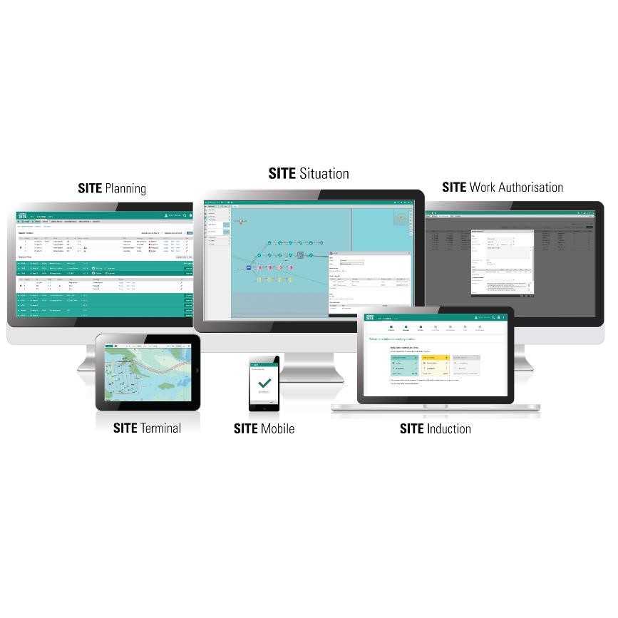 Display of SITE software modules across multiple devices, showing planning, situation overview, work authorisation, terminal, mobile, and induction interfaces.